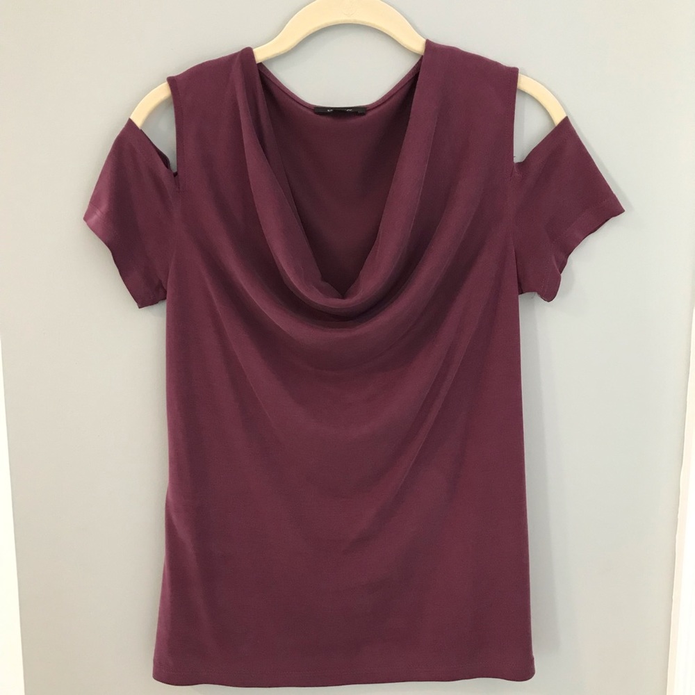 Muted plum colored  drape neck cold shoulder top